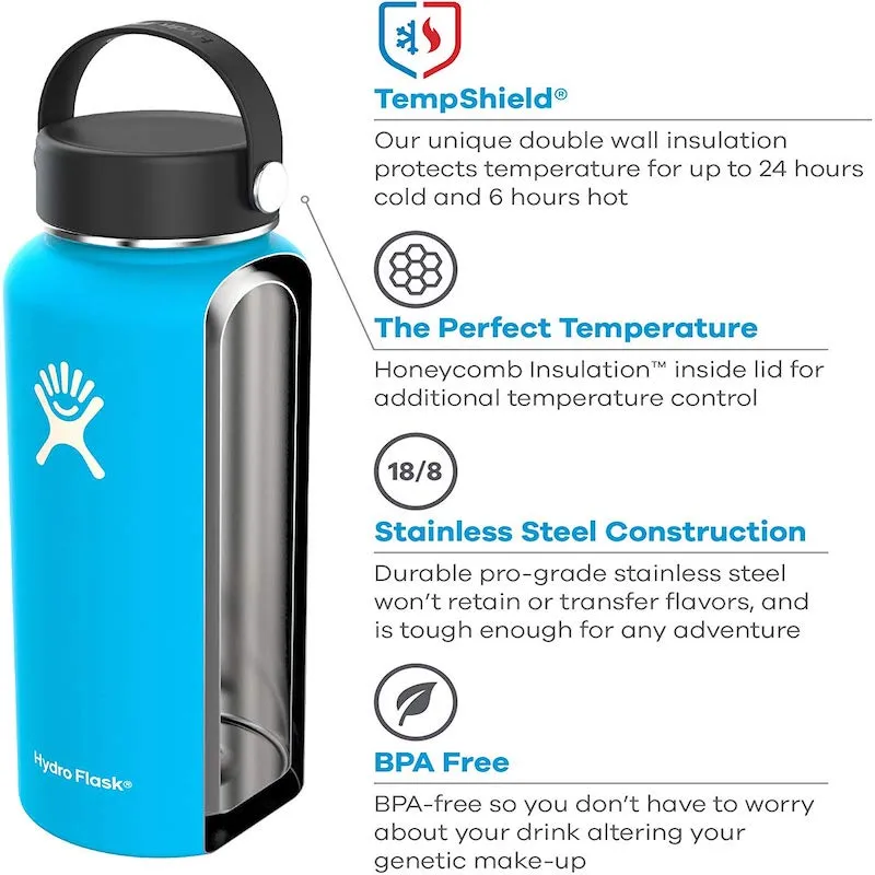 Hydro Flask Water Bottle - Stainless Steel & Vacuum Insulated - Wide Mouth with Leak Proof Flex Cap - 32 oz Black