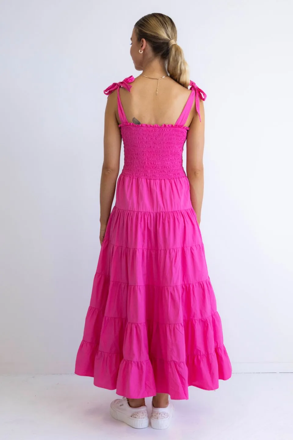 Isabella Hot Pink Cotton Poplin Strappy Tiered Maxi Dress