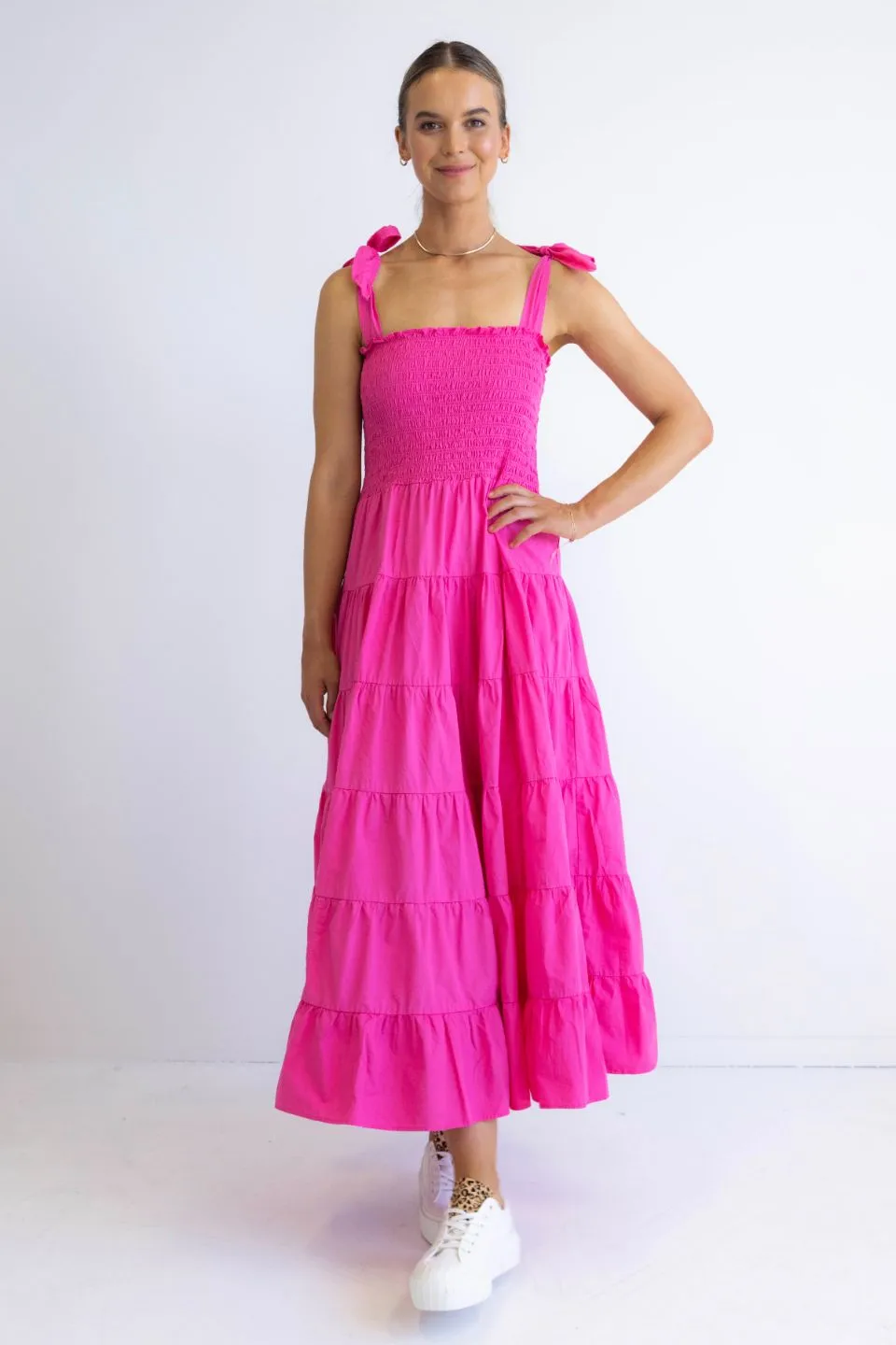 Isabella Hot Pink Cotton Poplin Strappy Tiered Maxi Dress