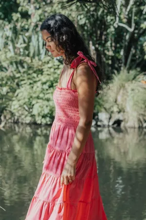 Isabella Hot Pink Cotton Poplin Strappy Tiered Maxi Dress