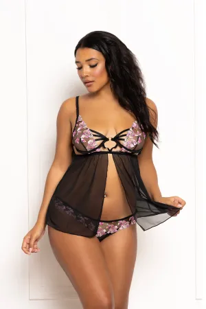 Lace Up Embroidered Babydoll