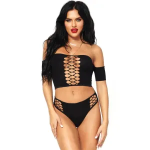 LEG AVENUE - 2 PIECES SET OPAQUE CROP TOP AND THONG ONE SIZE