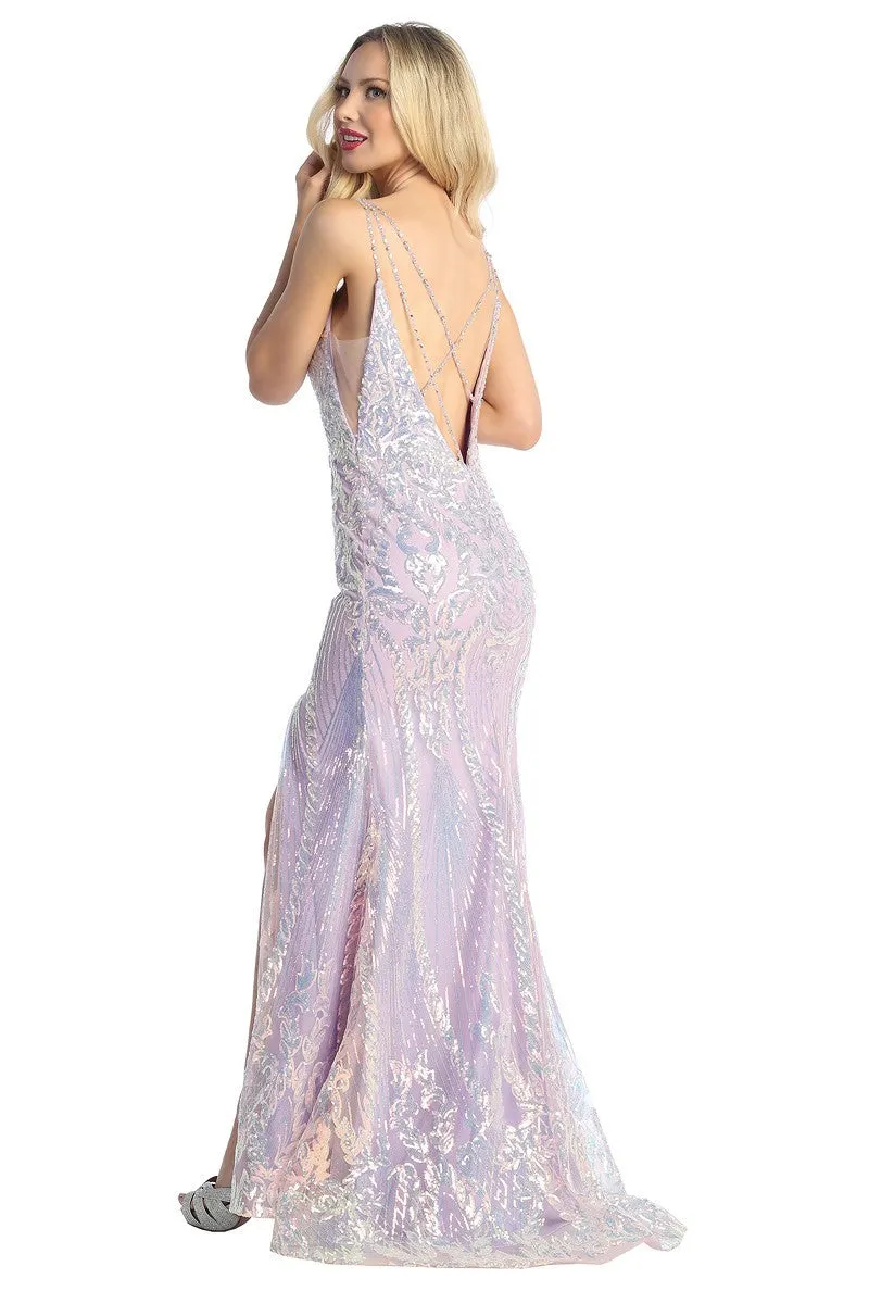 LF 7751 - Iridescent Sequin Patterned Fit & Flare Prom Gown with Sheer Underarms Open Strappy Back & Leg Slit