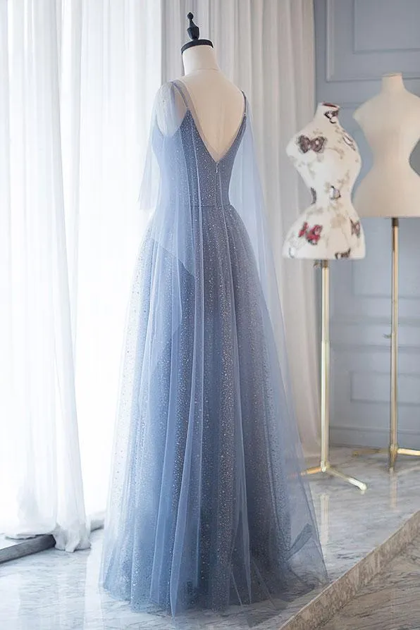 Light Blue Tulle Long Straps Elegant Party Gowns, Blue Floor Length Evening Dress