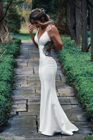 Long Spaghetti Straps Mermaid White Wedding Dress With Beading APW0415