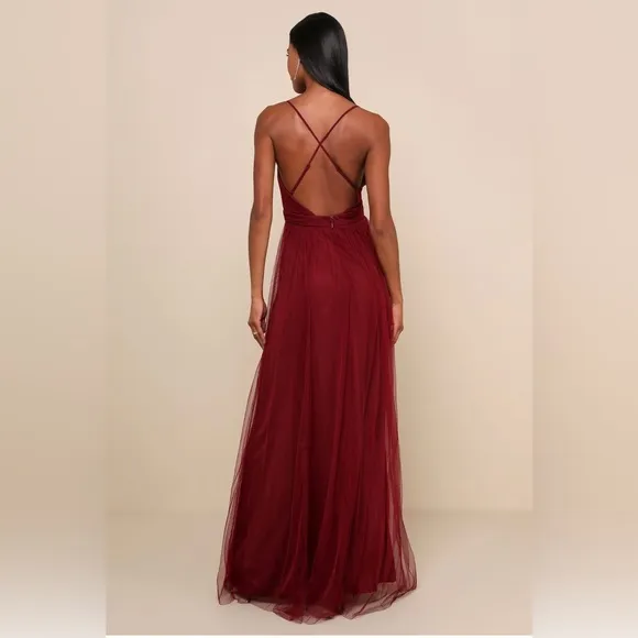 Lulus Rare Beauty Burgundy Tulle Backless Maxi Dress