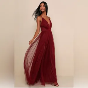 Lulus Rare Beauty Burgundy Tulle Backless Maxi Dress