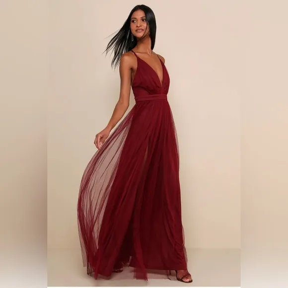 Lulus Rare Beauty Burgundy Tulle Backless Maxi Dress