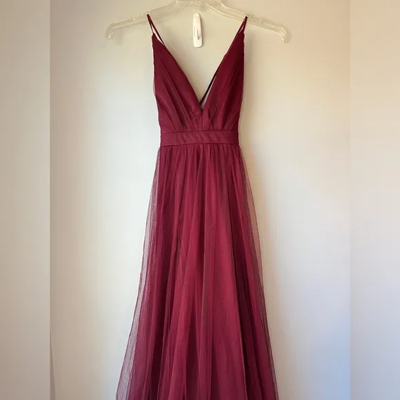 Lulus Rare Beauty Burgundy Tulle Backless Maxi Dress