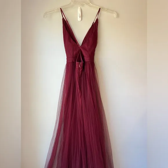 Lulus Rare Beauty Burgundy Tulle Backless Maxi Dress