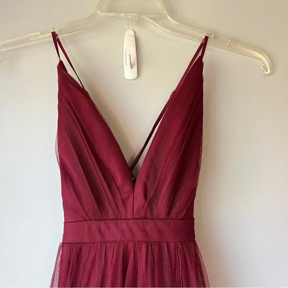 Lulus Rare Beauty Burgundy Tulle Backless Maxi Dress