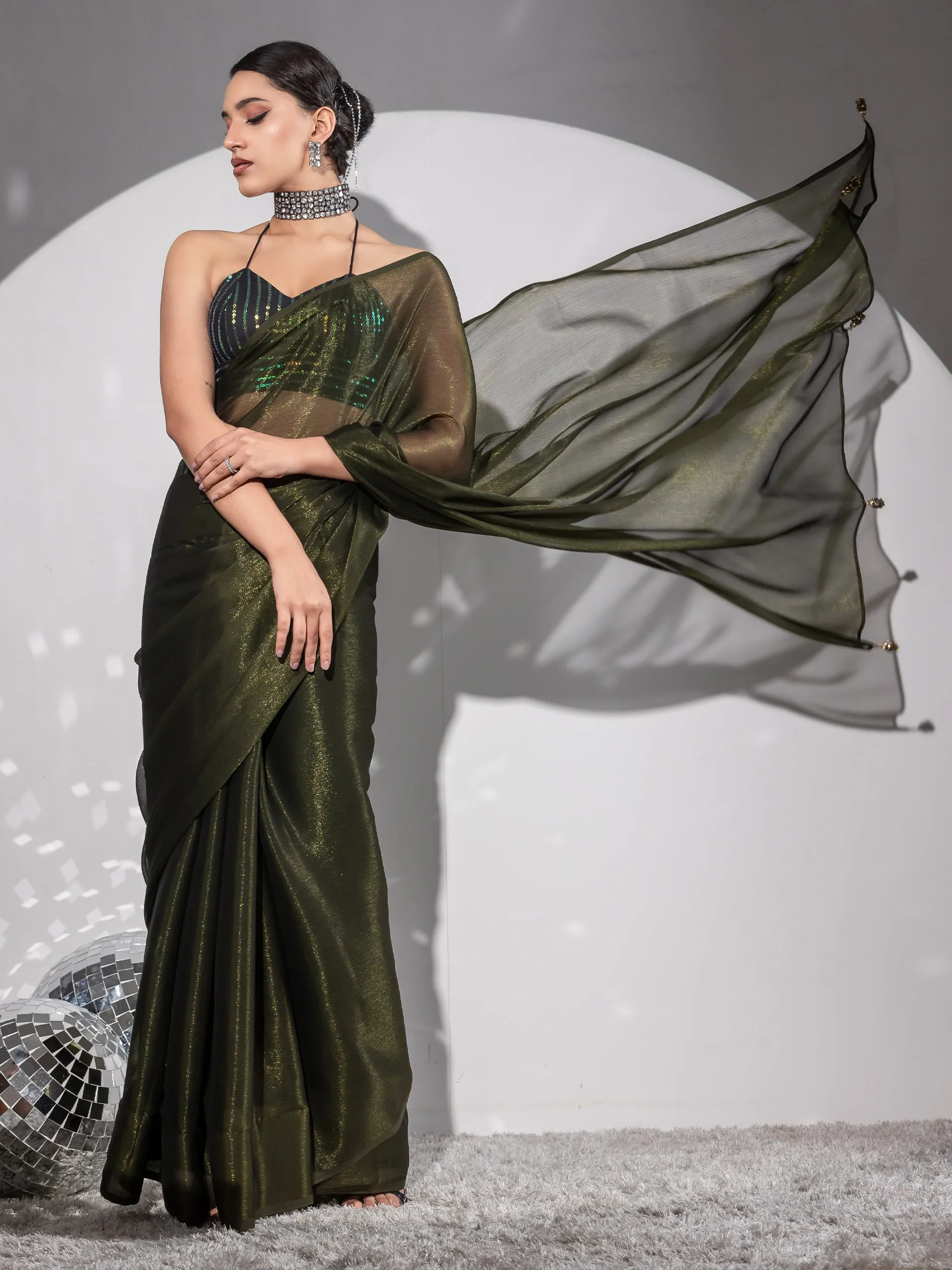 Mehndi Gold Shimmer Chiffon Saree with Pendants and Blouse Fabric