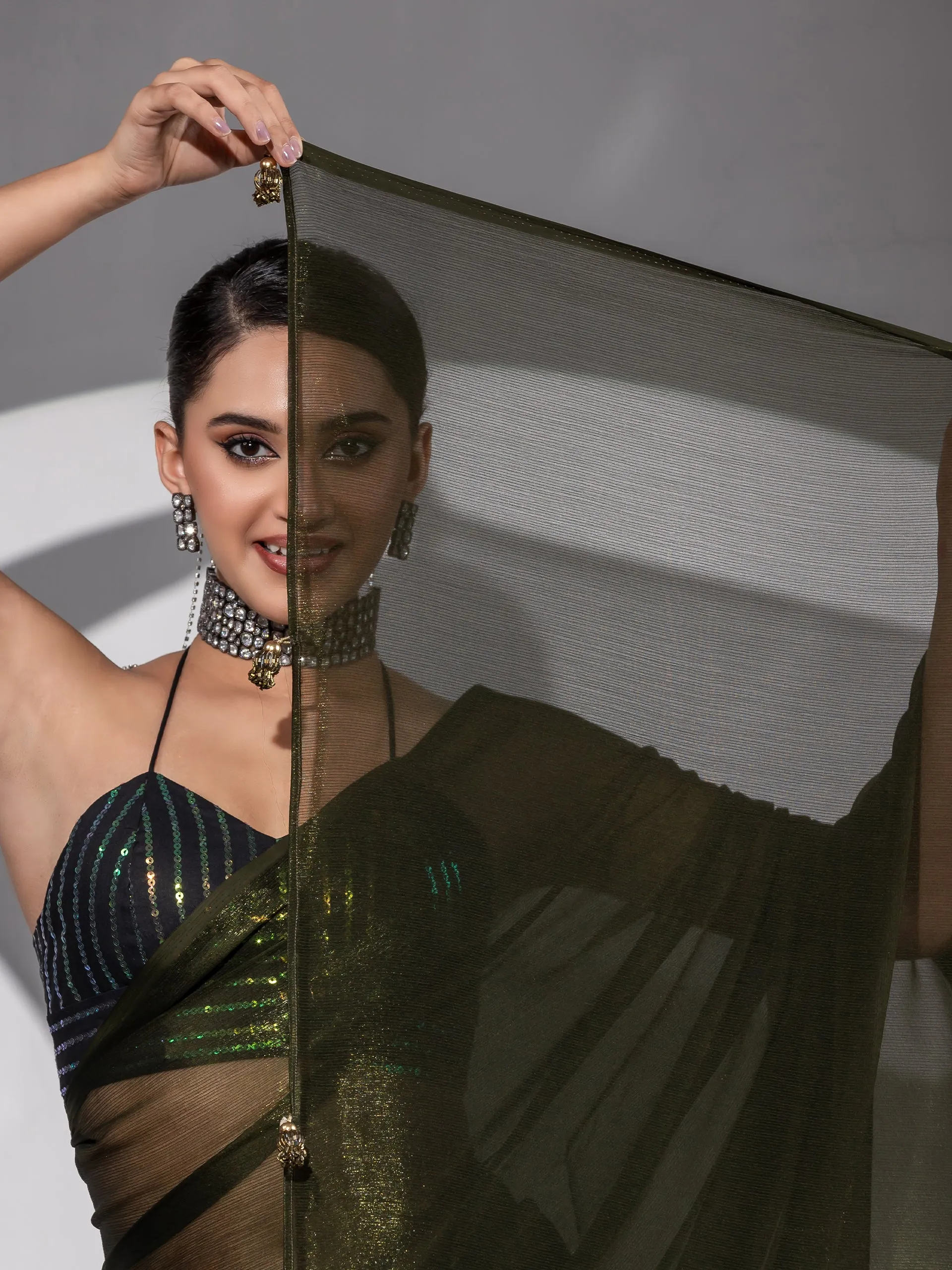 Mehndi Gold Shimmer Chiffon Saree with Pendants and Blouse Fabric