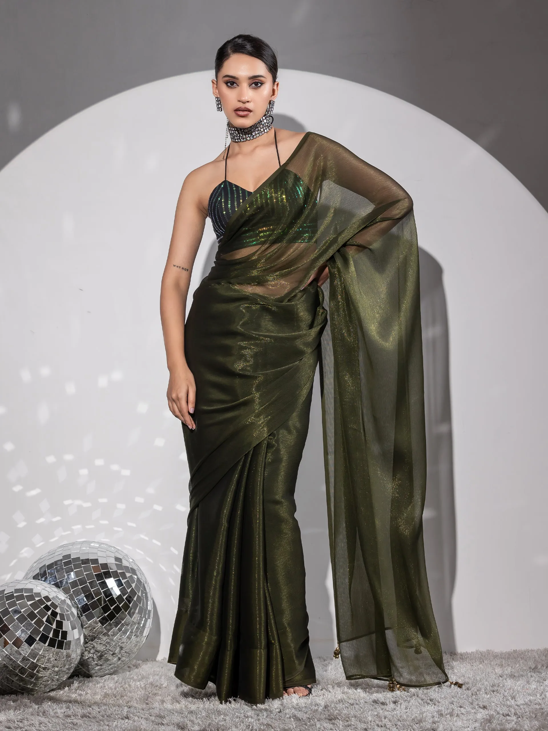 Mehndi Gold Shimmer Chiffon Saree with Pendants and Blouse Fabric
