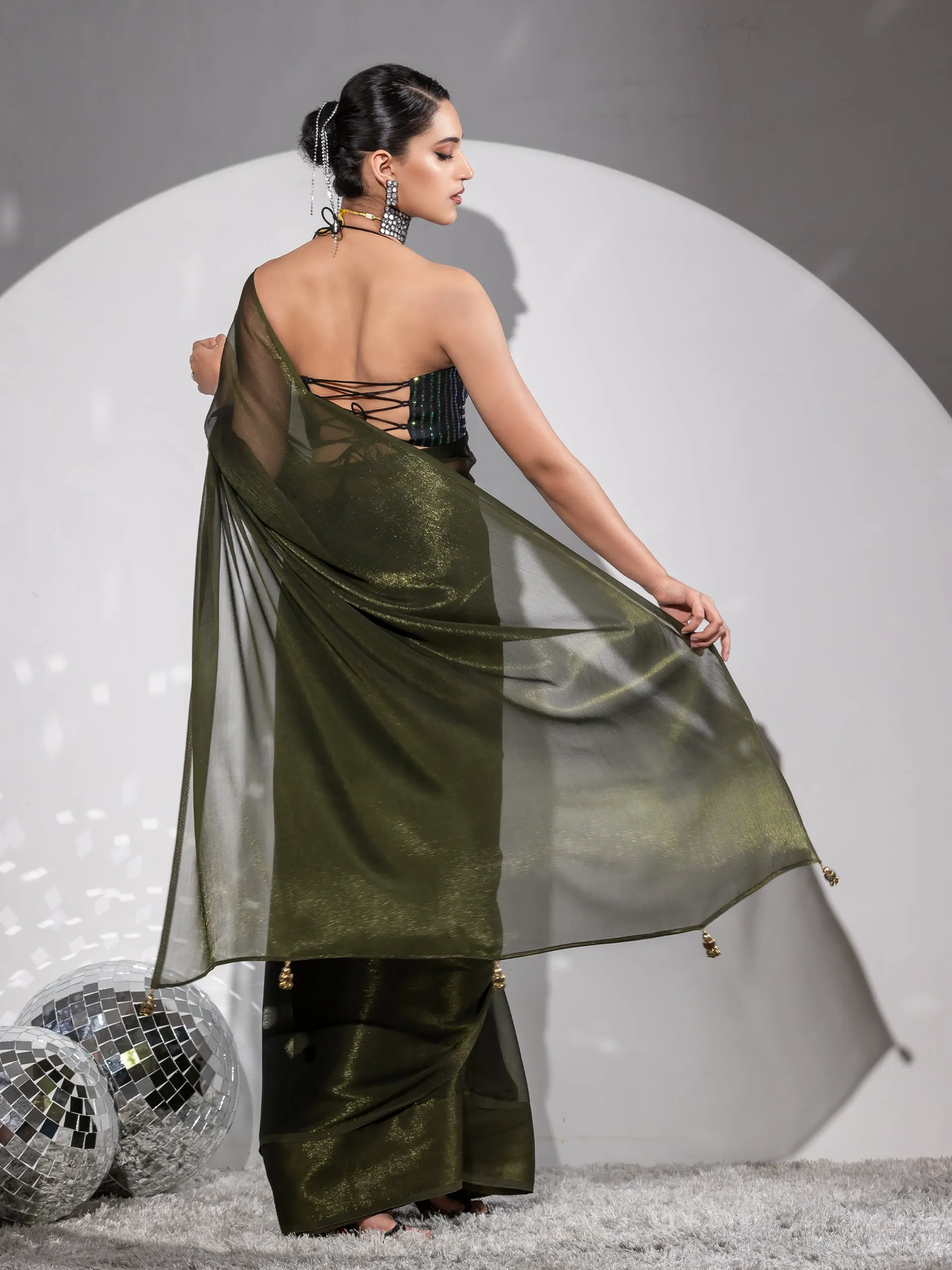 Mehndi Gold Shimmer Chiffon Saree with Pendants and Blouse Fabric