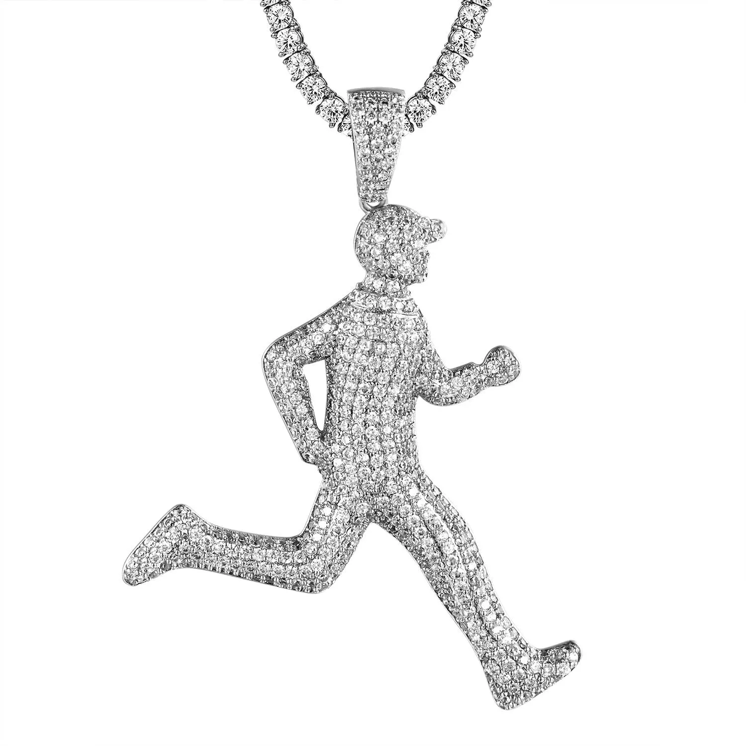 Mens White Icy Running Man Emoji Custom Rapper Pendant