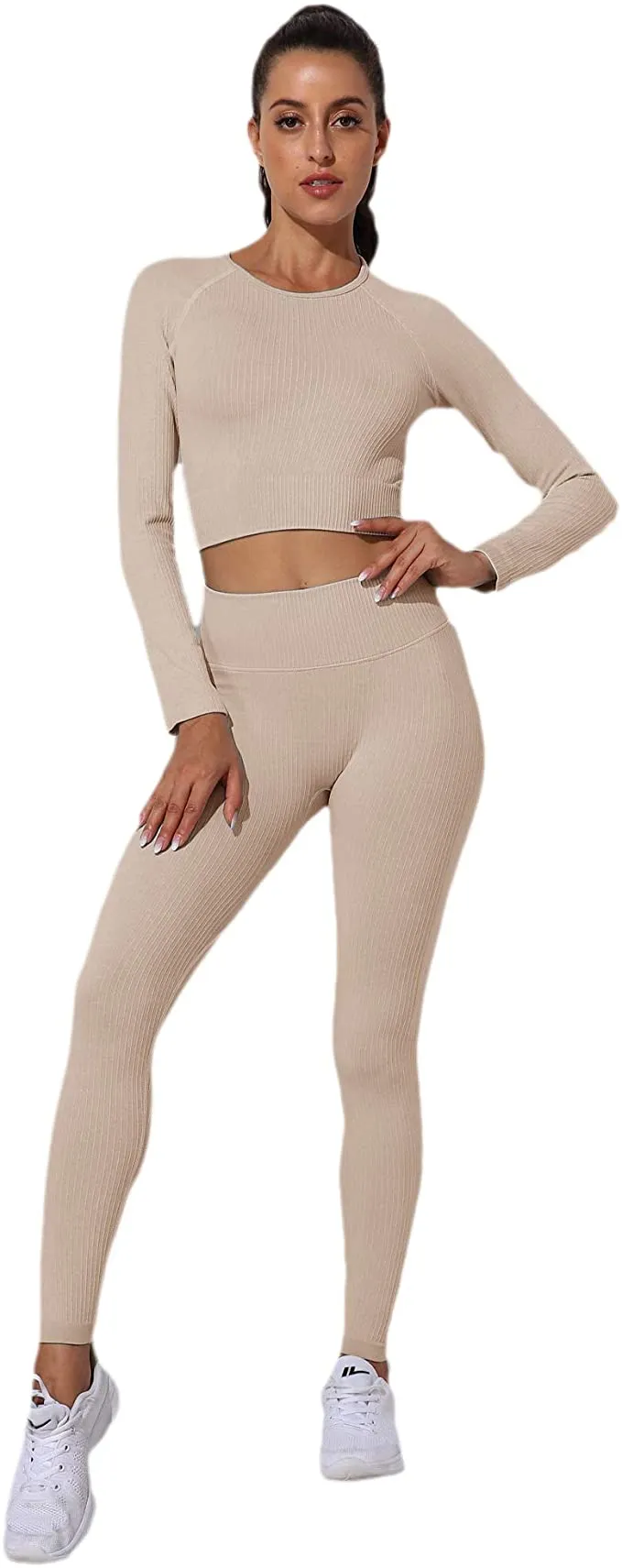New Olchee Women's Workout Outfit Set Active 2 Pieces Seamless Yoga Leggings with Stretch Sports Top, Light Beige, Sz S!