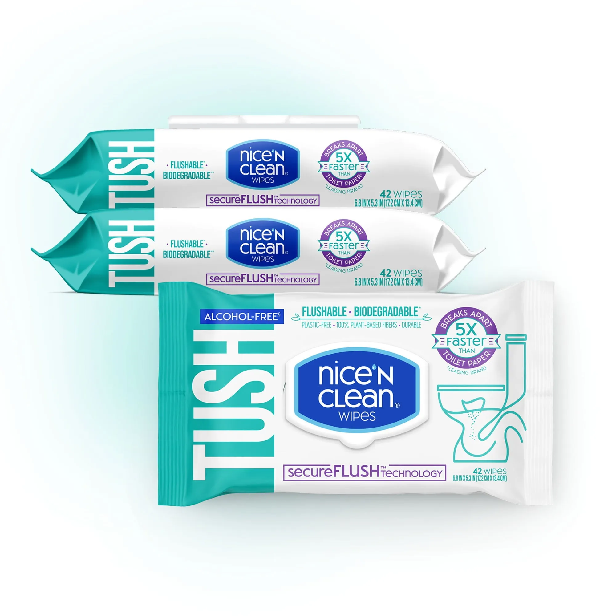 Nice 'N CLEAN Secureflush Biodegradable Alcohol Free Flushable Wipes 3 Pack New