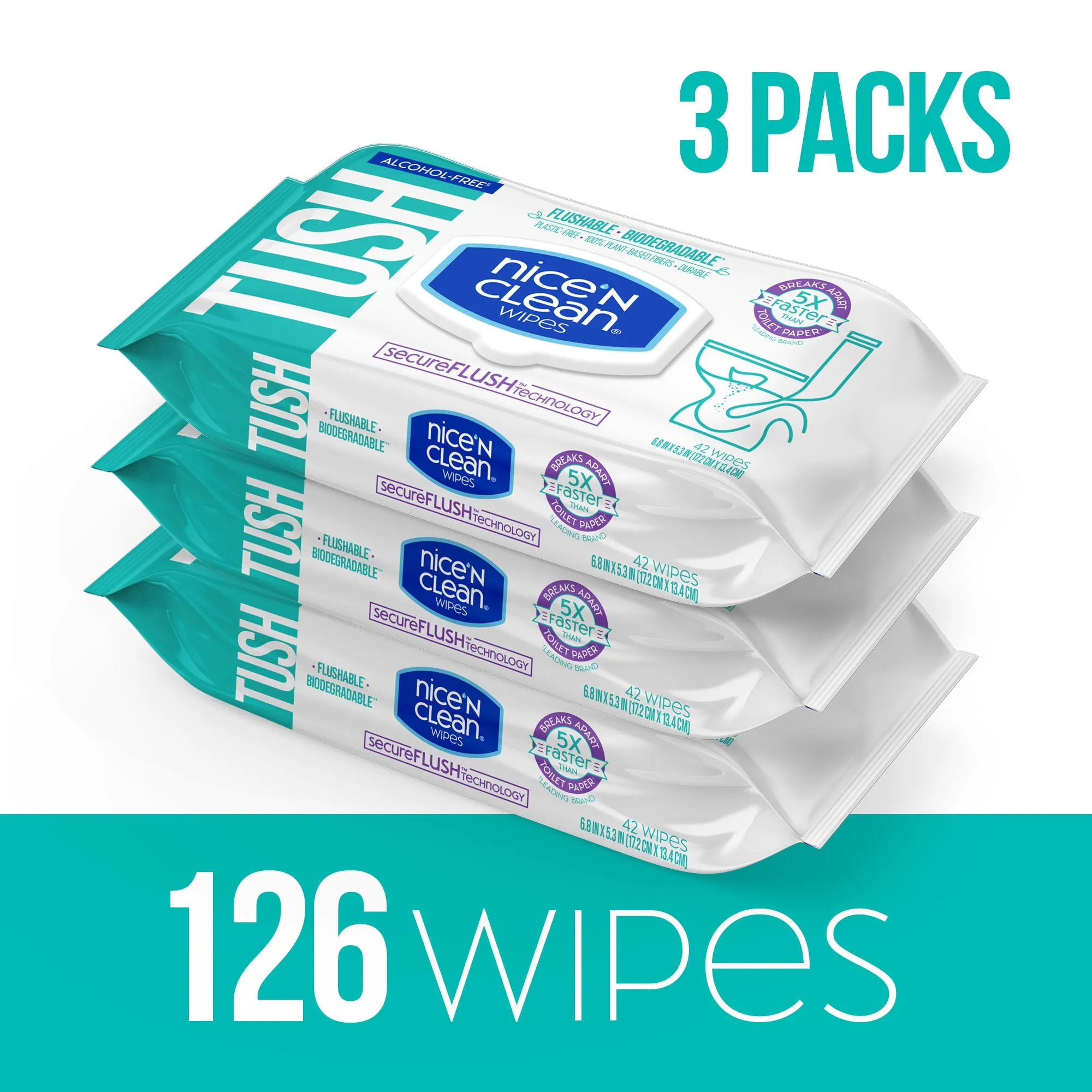 Nice 'N CLEAN Secureflush Biodegradable Alcohol Free Flushable Wipes 3 Pack New