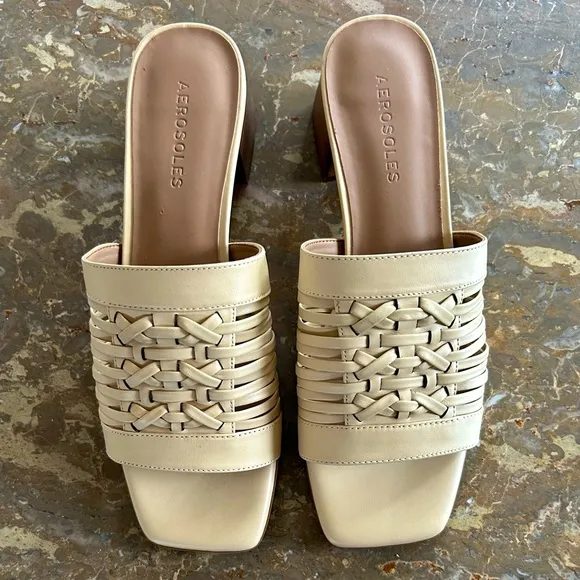 NWOT Aerosoles | Women’s tan leather Evette mule sandal slides, square heel, sz8