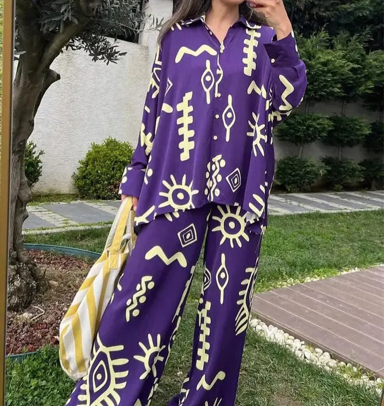 Oversized V-Neck Shirt & High-Waist Wide-Leg Pants Set