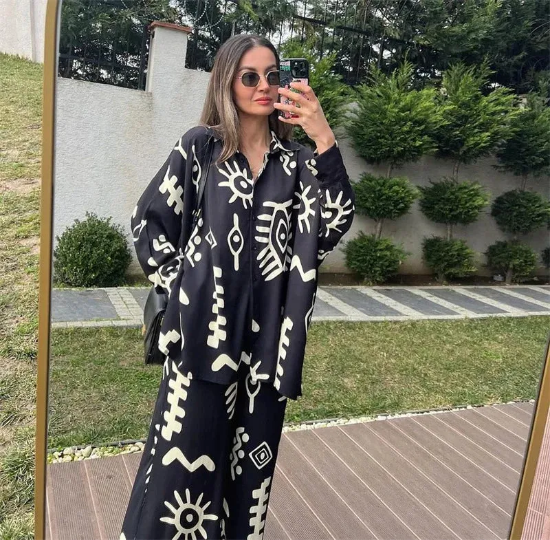 Oversized V-Neck Shirt & High-Waist Wide-Leg Pants Set