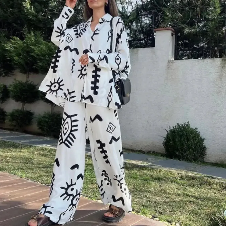 Oversized V-Neck Shirt & High-Waist Wide-Leg Pants Set
