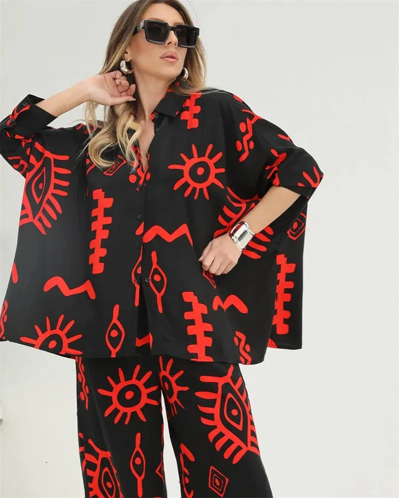 Oversized V-Neck Shirt & High-Waist Wide-Leg Pants Set