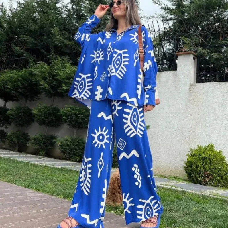 Oversized V-Neck Shirt & High-Waist Wide-Leg Pants Set