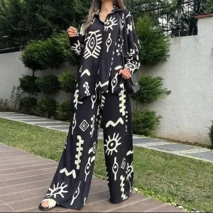 Oversized V-Neck Shirt & High-Waist Wide-Leg Pants Set