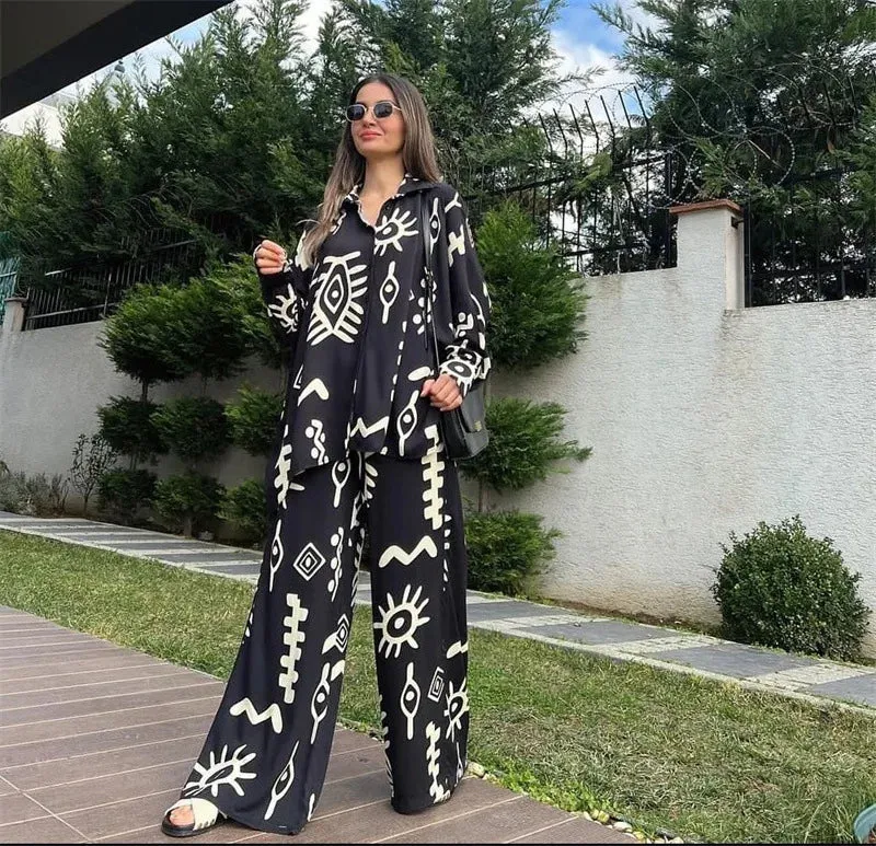 Oversized V-Neck Shirt & High-Waist Wide-Leg Pants Set
