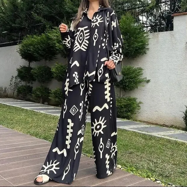 Oversized V-Neck Shirt & High-Waist Wide-Leg Pants Set