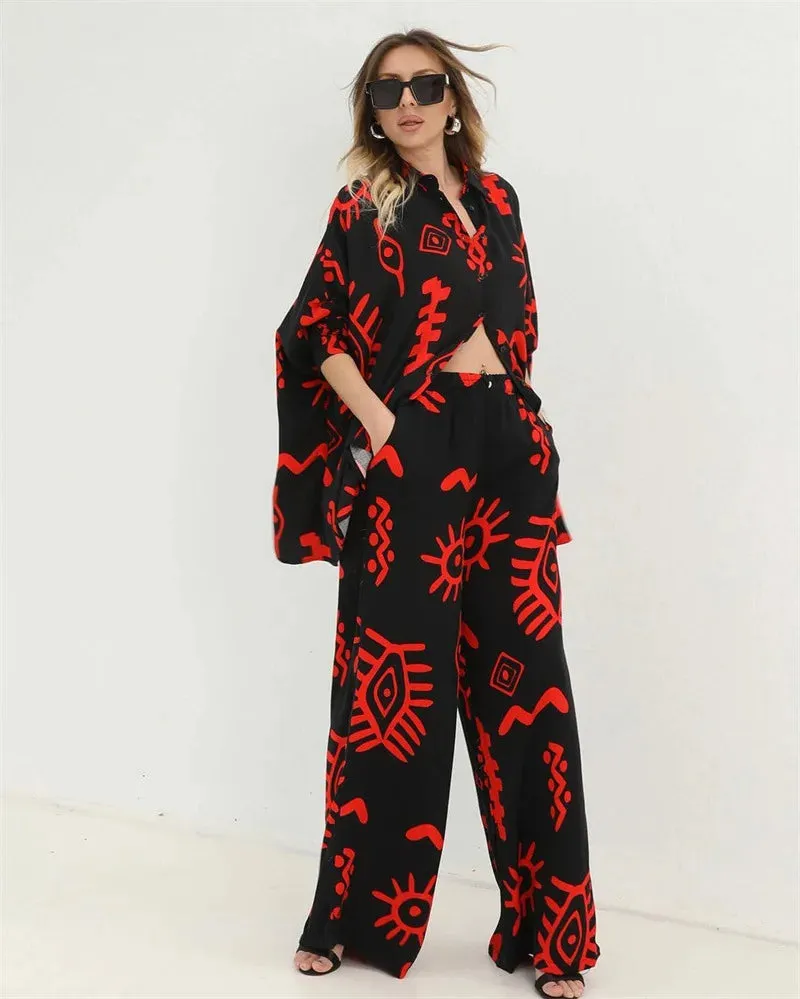 Oversized V-Neck Shirt & High-Waist Wide-Leg Pants Set