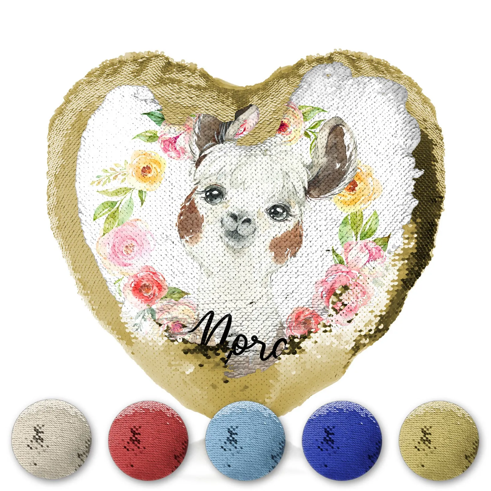 Personalised Sequin Heart Cushion with Brown and White Alpaca Multicolour Flower Wreath and Cute Text