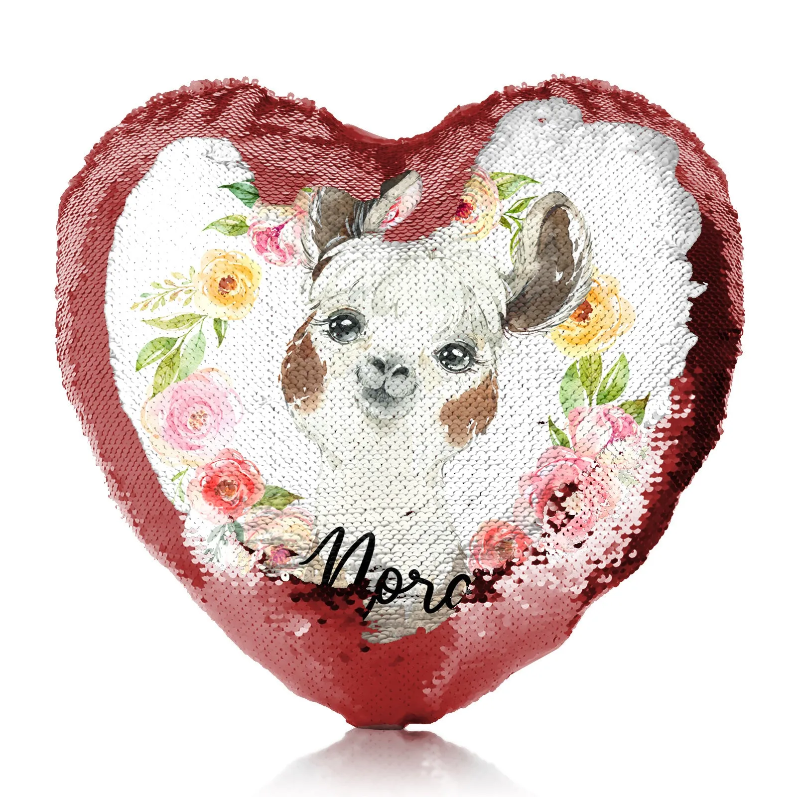 Personalised Sequin Heart Cushion with Brown and White Alpaca Multicolour Flower Wreath and Cute Text