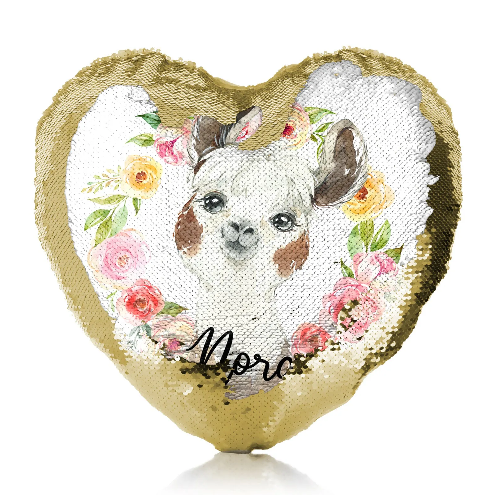 Personalised Sequin Heart Cushion with Brown and White Alpaca Multicolour Flower Wreath and Cute Text