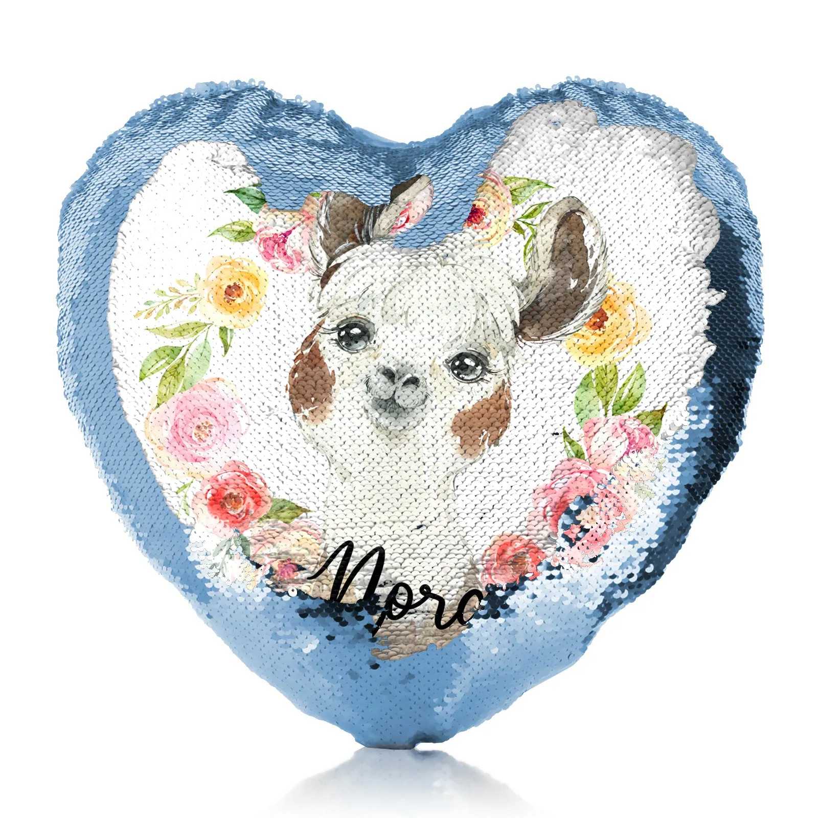 Personalised Sequin Heart Cushion with Brown and White Alpaca Multicolour Flower Wreath and Cute Text