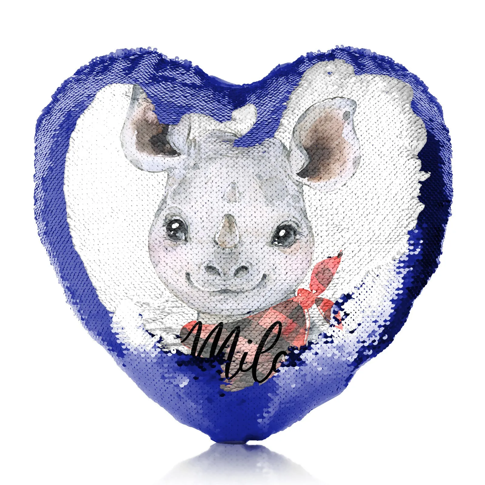Personalised Sequin Heart Cushion with Rhino Red and Black Check Neck and Cute Text