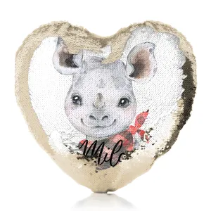 Personalised Sequin Heart Cushion with Rhino Red and Black Check Neck and Cute Text