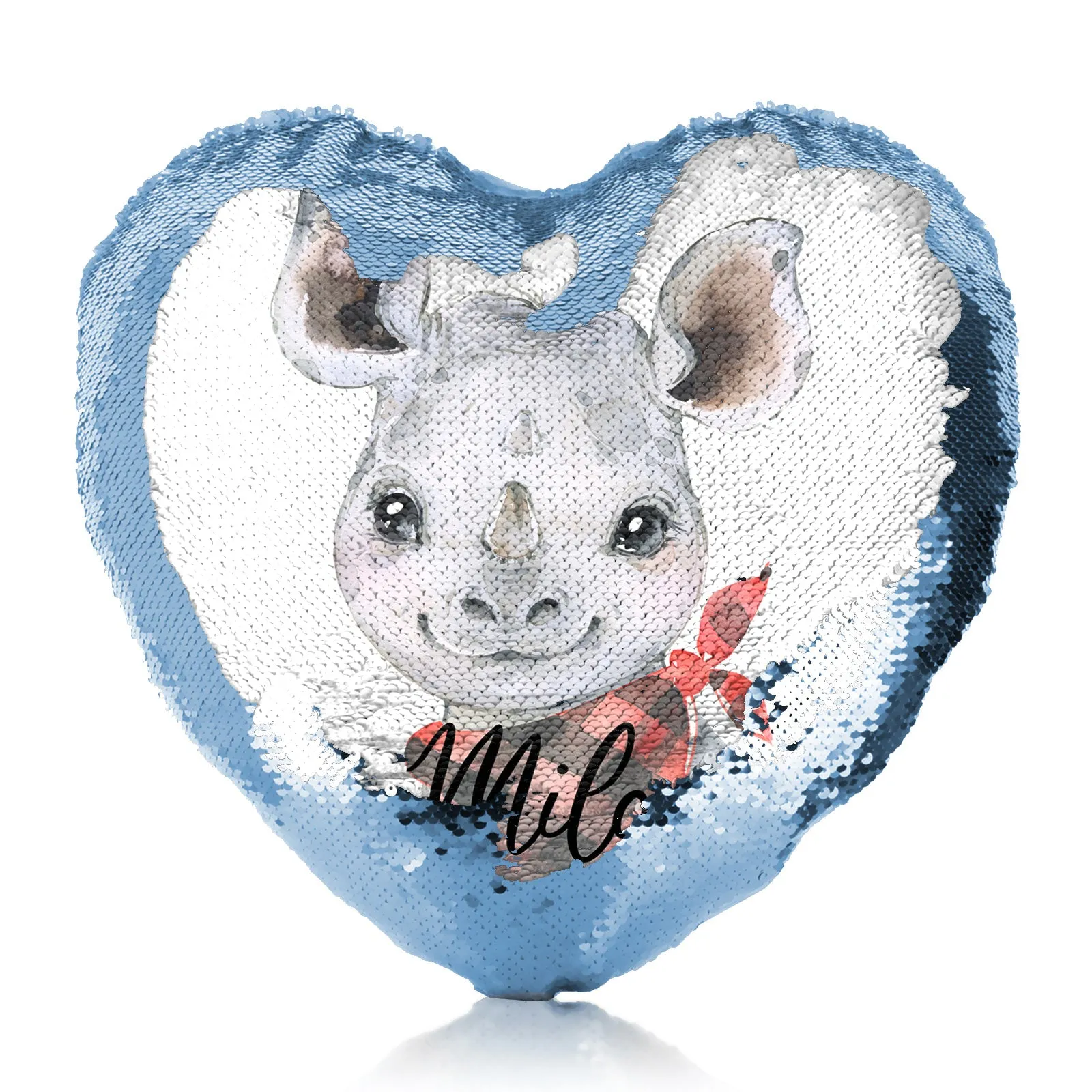 Personalised Sequin Heart Cushion with Rhino Red and Black Check Neck and Cute Text