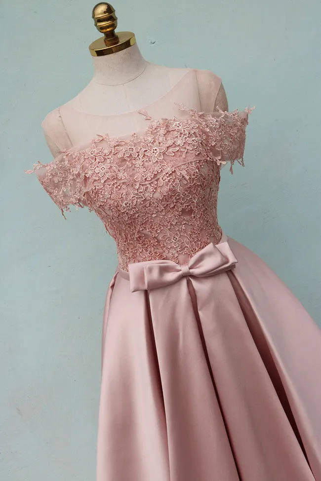 Pink Off Shoulder Satin Long with Lace Top Formal Dress, Elegant Party Dress New Style Prom