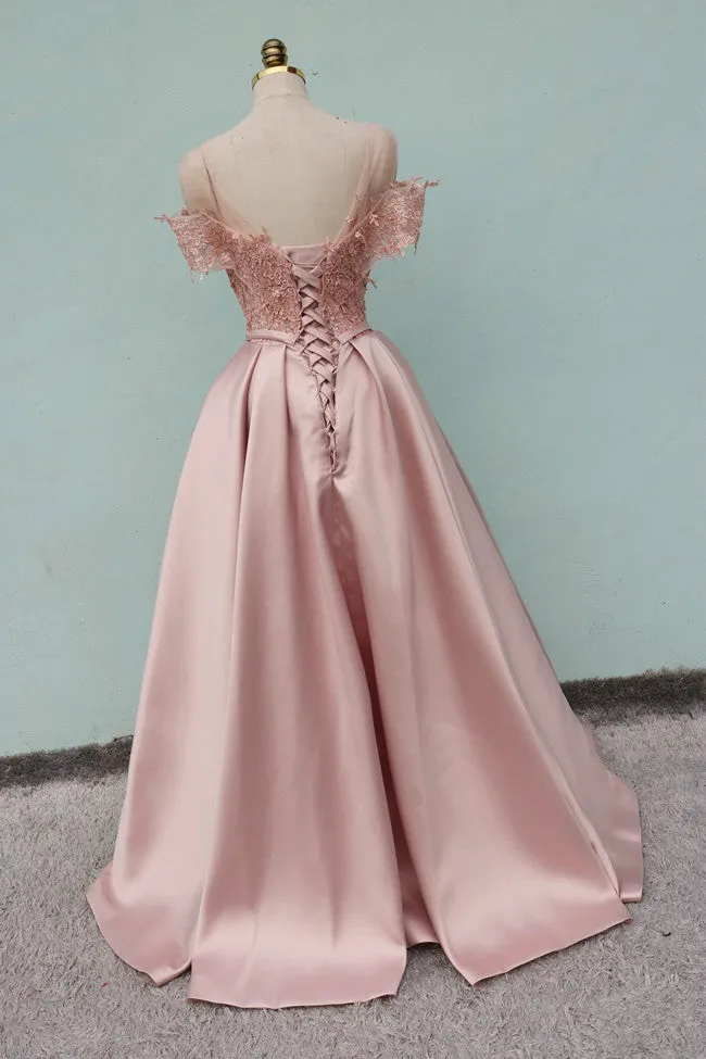 Pink Off Shoulder Satin Long with Lace Top Formal Dress, Elegant Party Dress New Style Prom