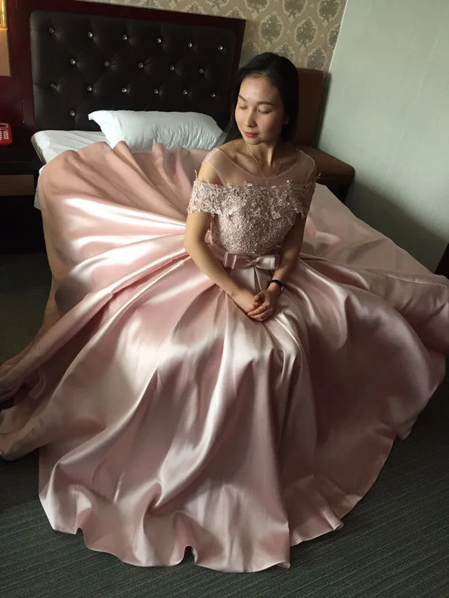 Pink Off Shoulder Satin Long with Lace Top Formal Dress, Elegant Party Dress New Style Prom