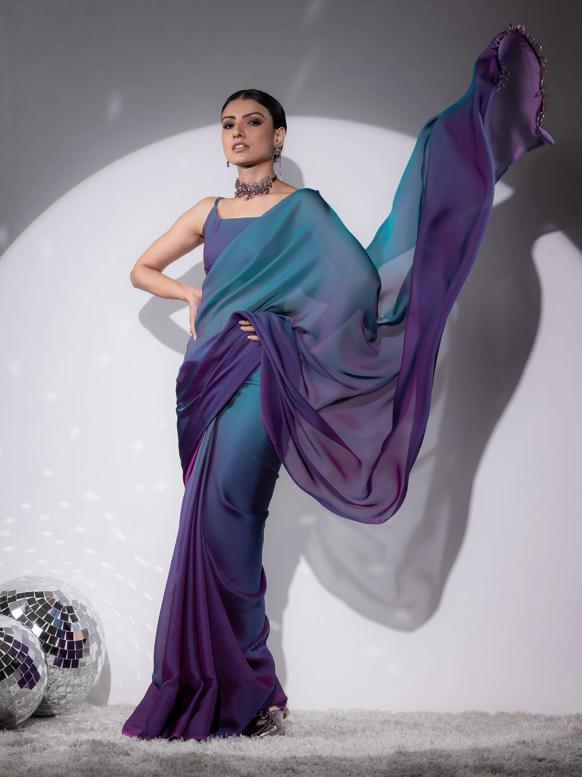 Rarity Ombre Butter Chiffon Saree with Lace & Blouse fabric