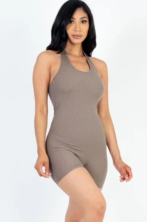 Ribbed Halter Neck Backless Romper