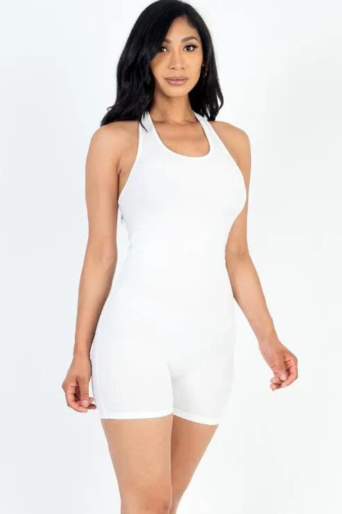 Ribbed Halter Neck Backless Romper