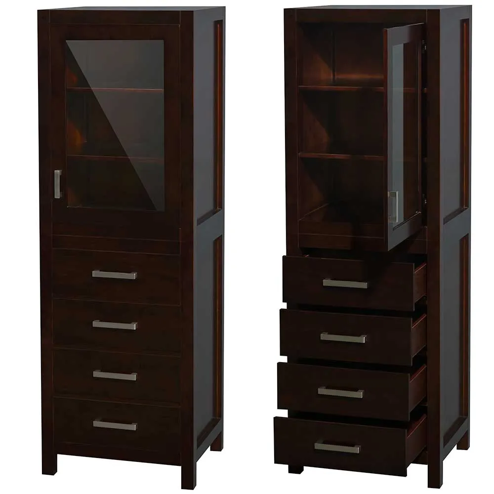 Sheffield 24 Inch Linen Tower in Espresso with Shelved Cabinet Storage and 4 Drawers