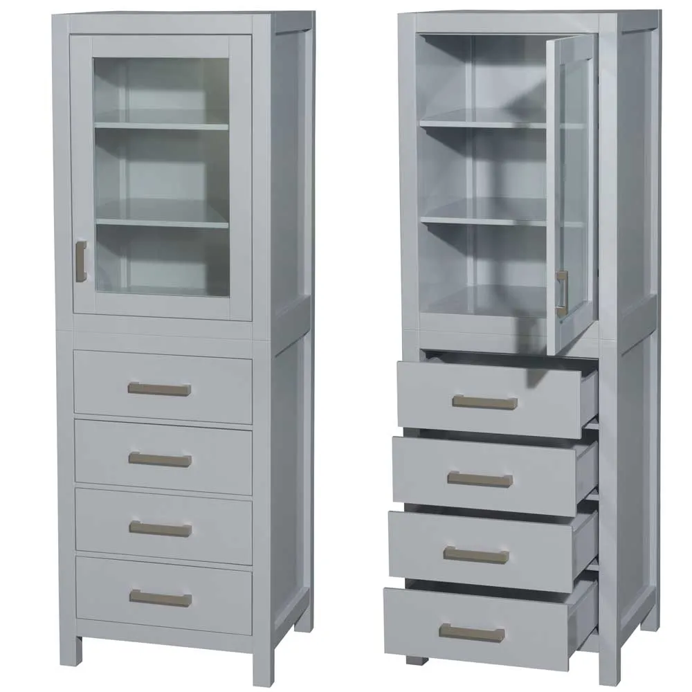 Sheffield 24 Inch Linen Tower in Gray with Shelved Cabinet Storage and 4 Drawers