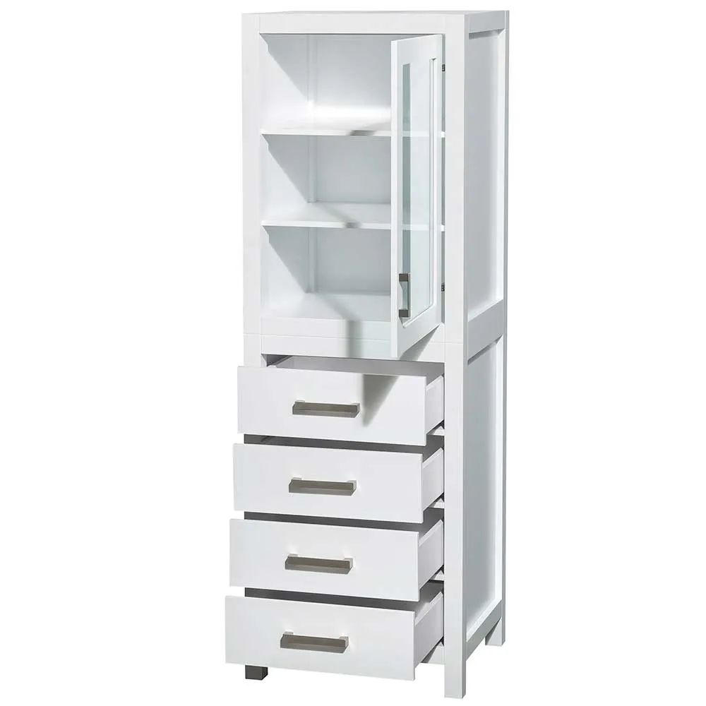 Sheffield 24 Inch Linen Tower in White with Shelved Cabinet Storage and 4 Drawers