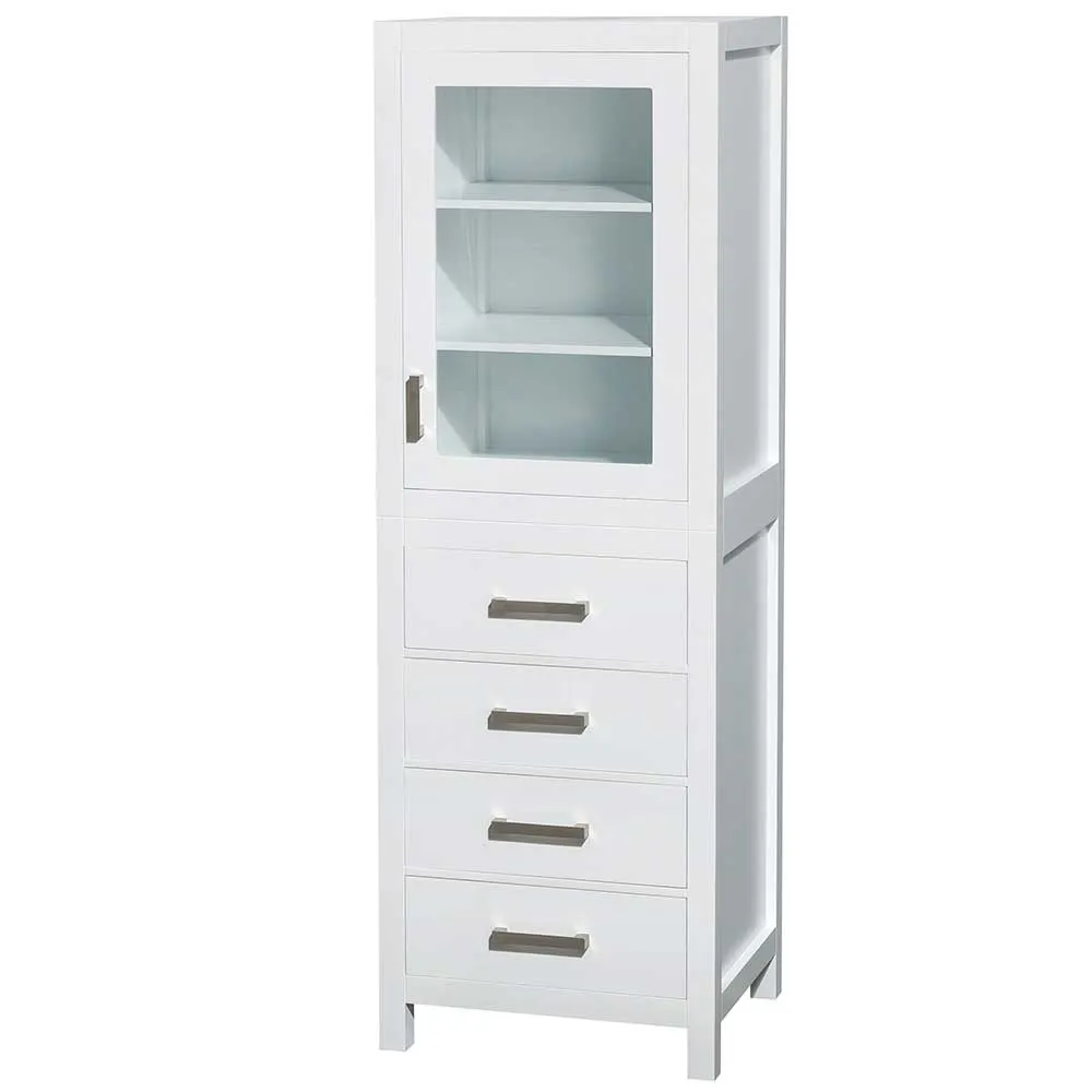 Sheffield 24 Inch Linen Tower in White with Shelved Cabinet Storage and 4 Drawers